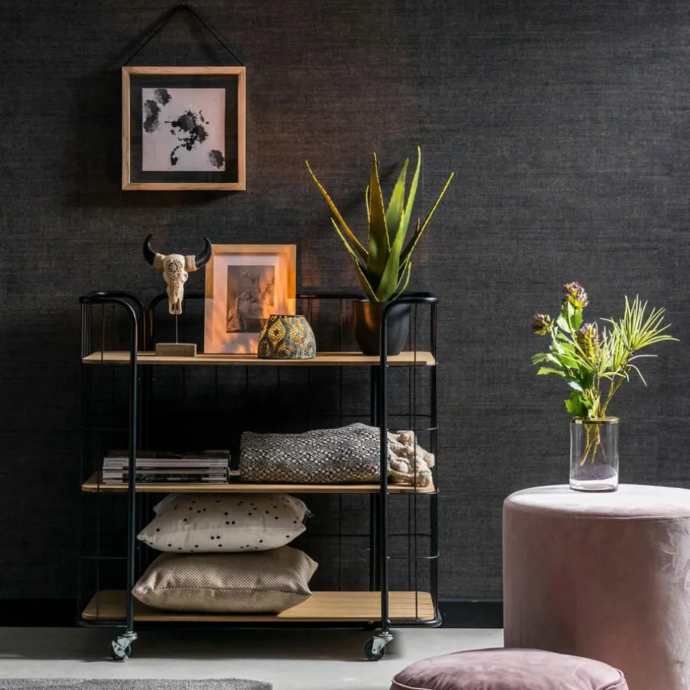 OSLO Étagère Trolley 3 Tablettes Noir, Naturel